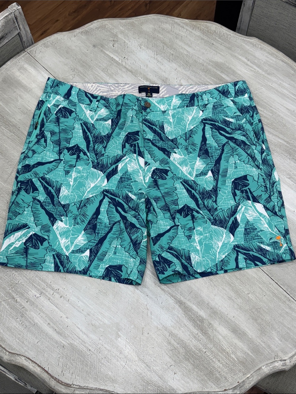 Margaritaville Men's Tropical Print Swim Trunks - Teal & Navy Palm Leaves